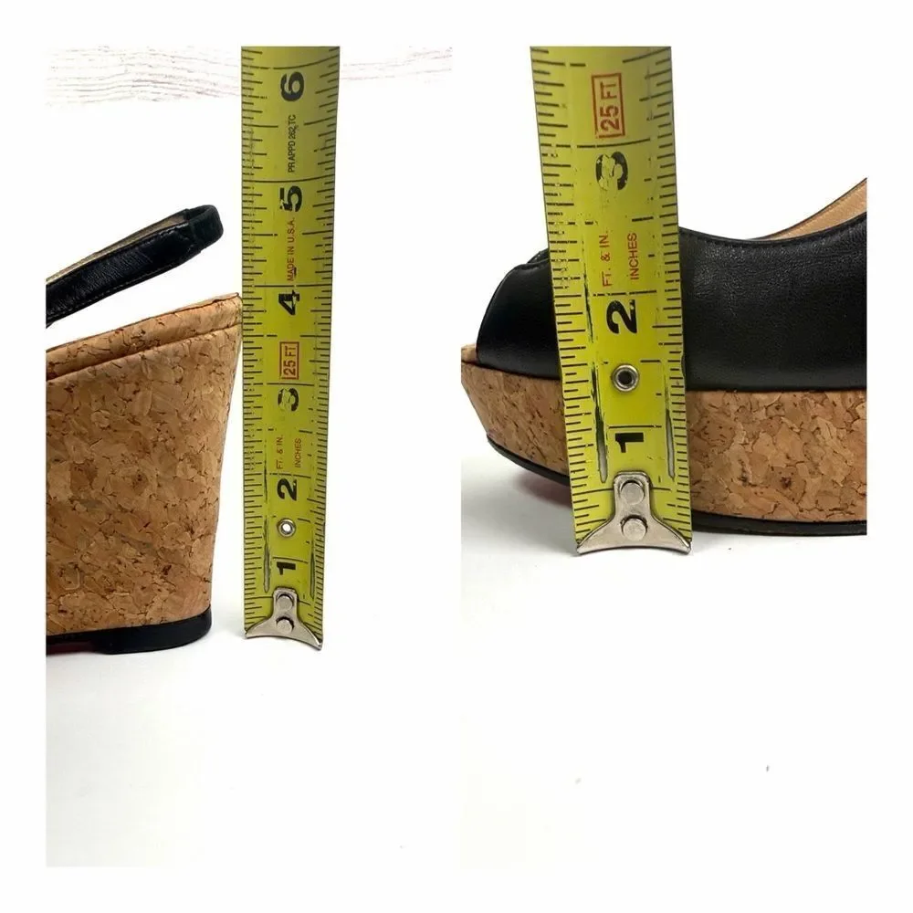 Christian Louboutin Cork Wedges Sandals Black Leather Peep Toe Slingback US 8